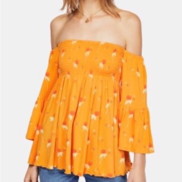 Free People Lana Off Shoulder Smocked Tunic NWOT Golden Poppies - Picture 1 of 9
